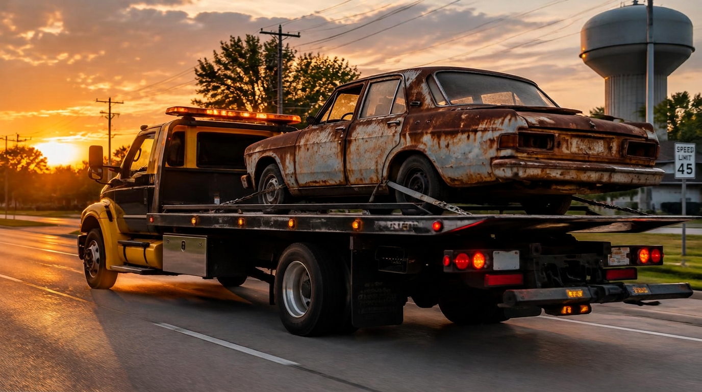 Tow truck hauling a rusty junk car